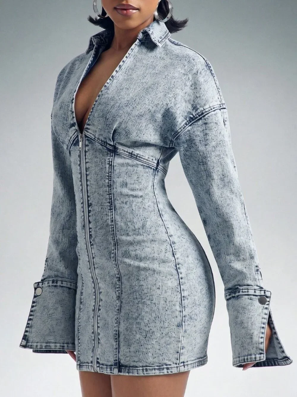 Light Wash Casual Women's Washed Front Zipper Slim Fit Mini Denim Dress